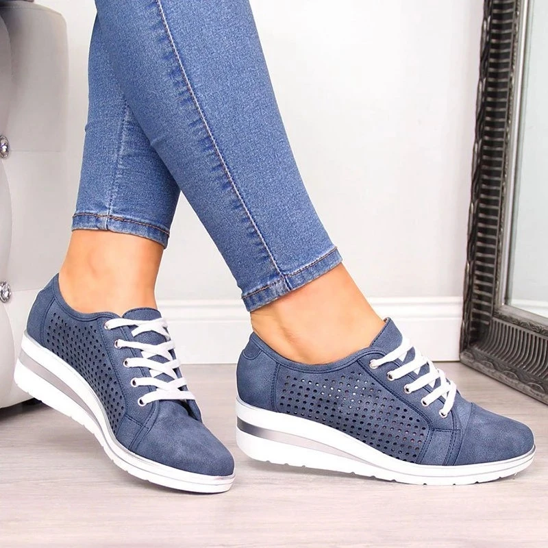 Adisputent Summer Women Wedge Flats Shoes Female Hollow Breathable Mesh Casual Shoes For Ladies Lace Up Flats Loafers Shoes