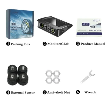 

TPMS Receiver Wireless Solar Power LCD Sensor Alarm + 4 External Sensors Car Tire Pressure Alarm System