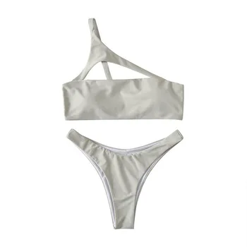 

2020 New Women Swimwear Pure Color Women Bikinis Set One Shoulder Bandage Pushed Up Paded Bikinis Swimsuits