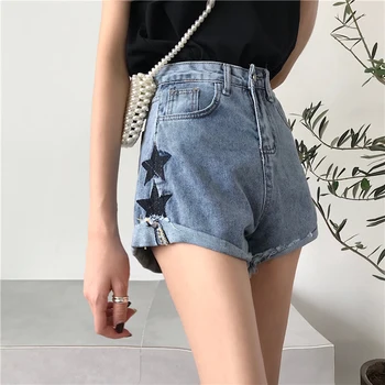 

New Denim Shorts for Women 2020 Summer Shorts Harajuku Star Embroidered Denim Shorts Loose High Waist Fleece Denim Hot Pants