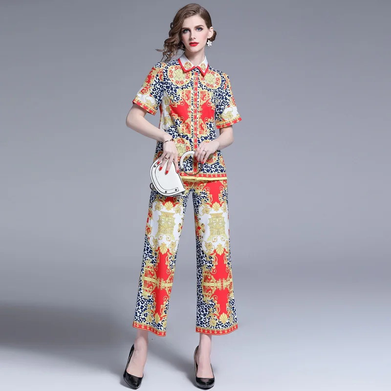 

Ozhouzhan 2019 New Style Two-Piece Set Europe And America Retro Fold-down Collar Short-sleeved Shirt Capri Pants Printed Set
