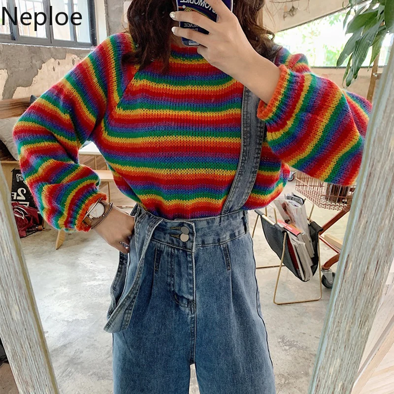 

Neploe Women Rainbow Stripe Sweater Long Sleeve O-neck Cropped KnitWear 2019 Autumn Winter Causal Oversized Knit Pullovers 54440