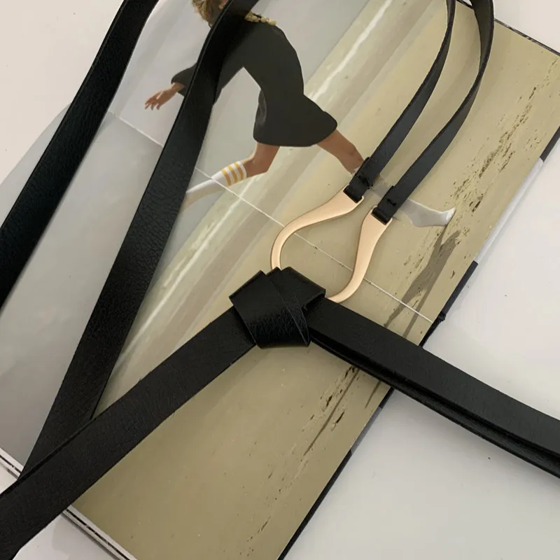 125cm Thin Style Ladies Belt Women Belt Light Luxury Personality Curved Metal Horseshoe Buckle Large U-shaped Fashion Knot Belt