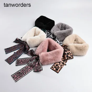 

Autumn and winter new female Korean leopard ribbon scarf Rex Rabbit Plush scarf fashion warm fur imitation Bib luxury scarf
