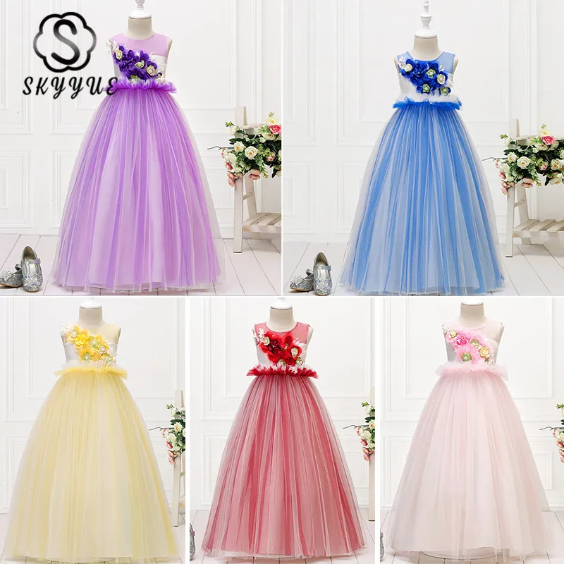 Skyyue Flower Girl Pageant Dresses for Wedding Red Yellow Elegant O-Neck Ball Gown Bow Belt Kid Party Communion Dress 151