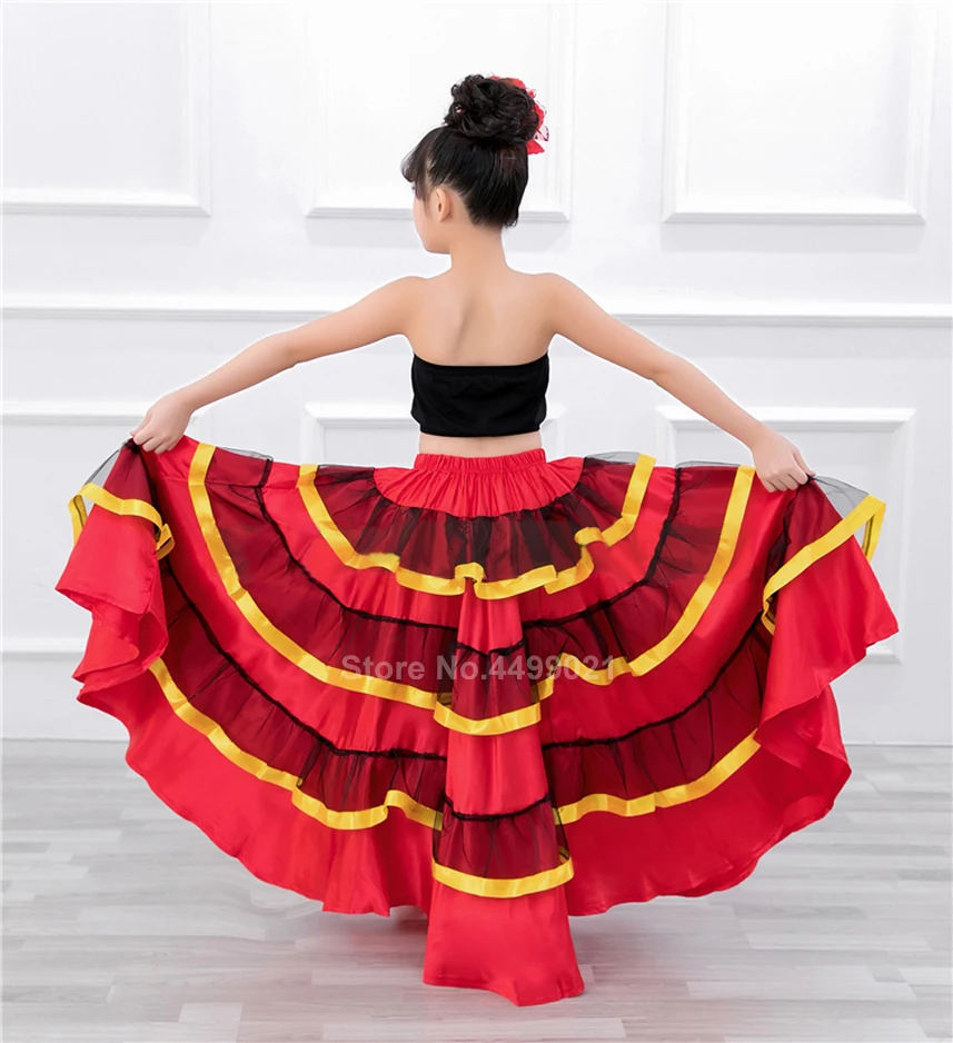 Подростковая Цыганская юбка в стиле фламенко для девочек, Национальный полосатый костюм для танца живота, красное праздничное платье