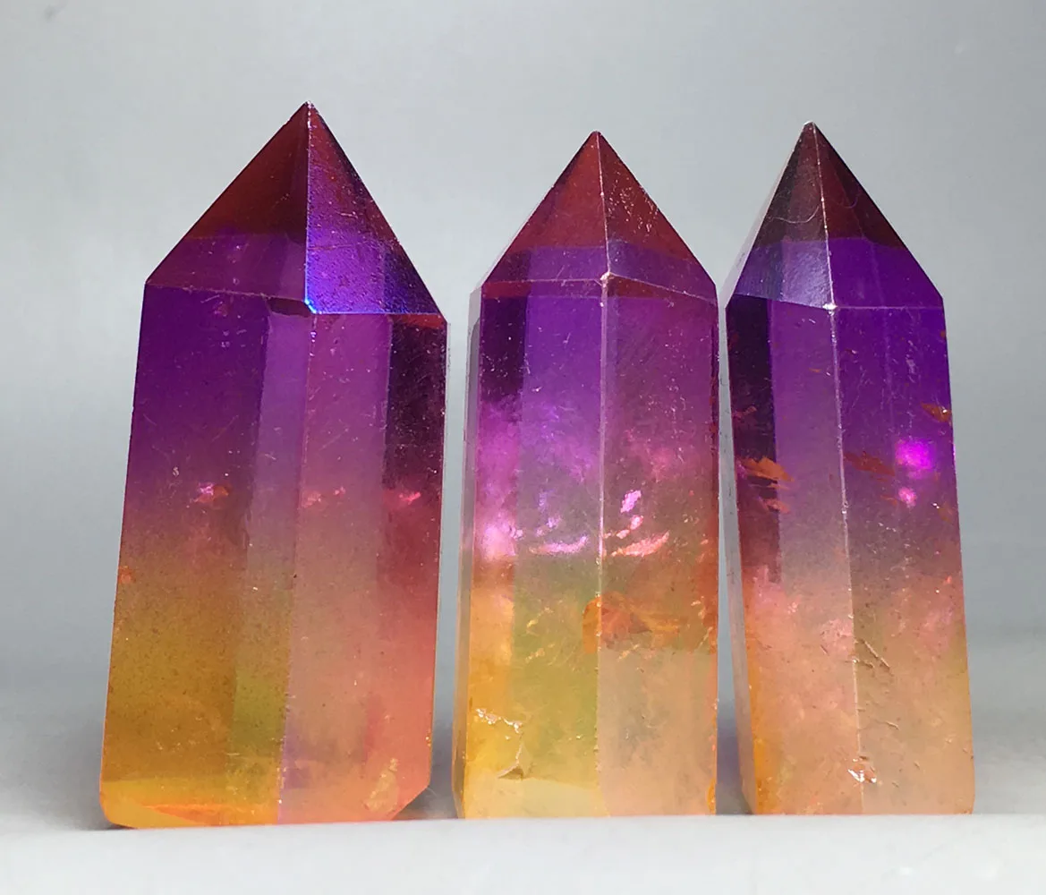 

136g 3pcs Natural healing rainbow mixed color electroplating aura crystal points wand