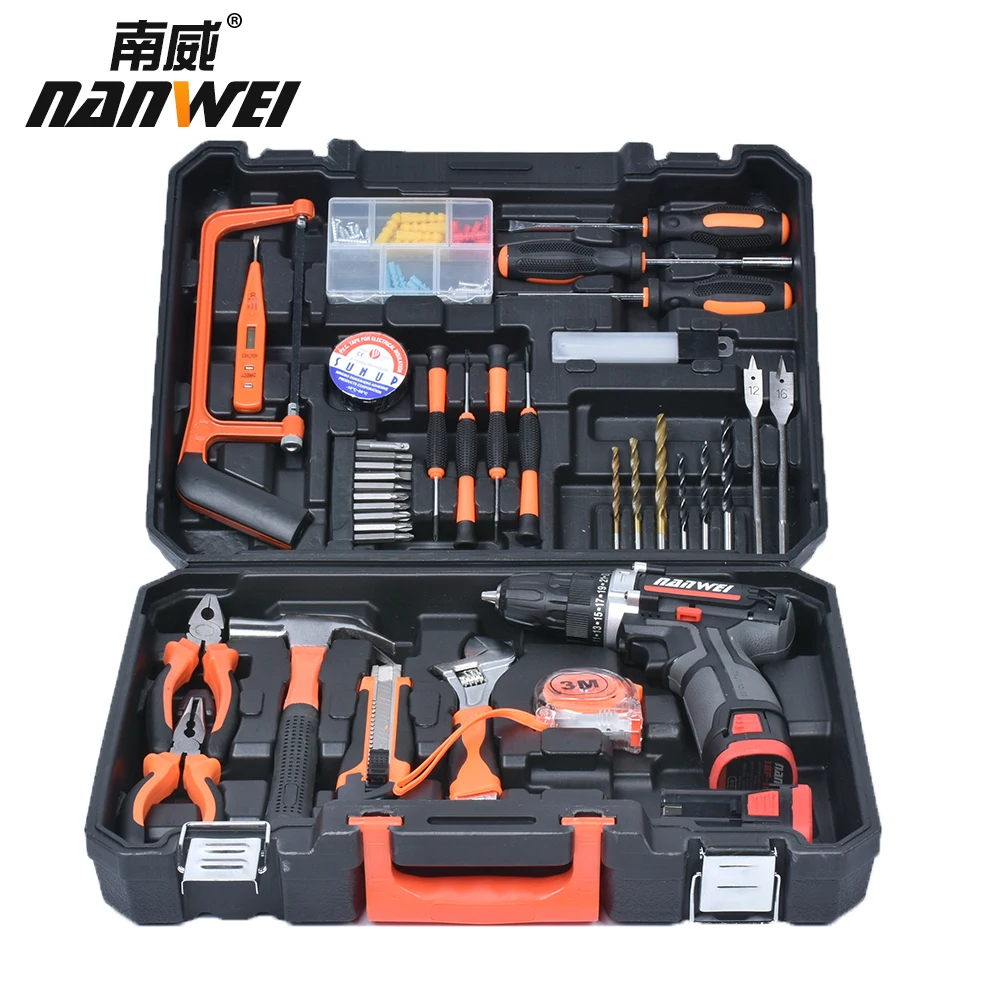 set2 18v Набор инструментов для домашнего ремонта ручной набор инструментов с пластиковым ящиком для инструментов чехол для хранения с литиевой электрической дрелью - Цвет: set2 18v