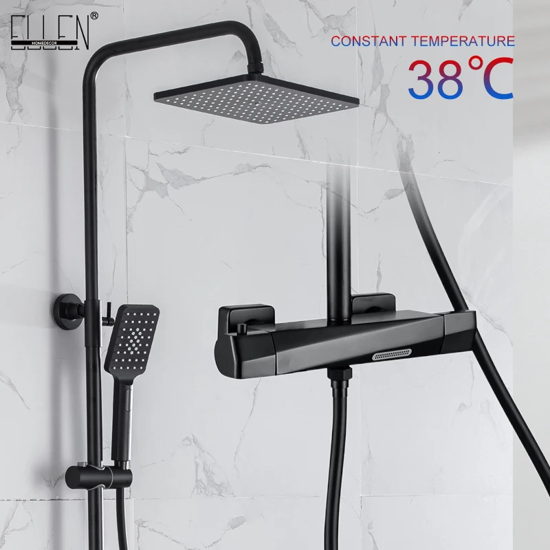 

ELLEN Thermostatic Bath Shower Set Black Wall Waterfall Rainshower Faucets Hot Cold Mixer Shower Faucet with Hand Shower EL9403