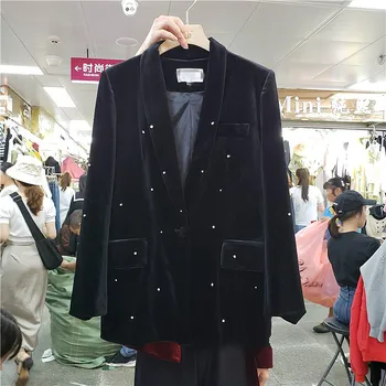 

Europe 2019 New Autumn Lady's Retro Water Drill Gold Velvet Blazer Coat Slim Waist Women Fashion Black Suit Jacket Outfits