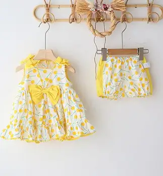 

2020 Wholesale Toddler Girls 2 pcs Set Printed Dress+Shorts Summer Cotton Fashion Girls Suits 0-5t QA26