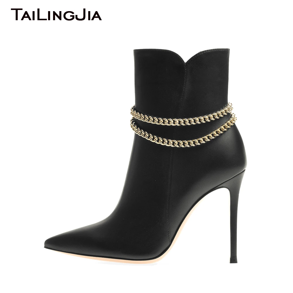 

2024 Latest Women Short Boots With Gold Metal Chain Stylish Booties Ladies Pointed Toe Stiletto High Heel Black Ankle Boots
