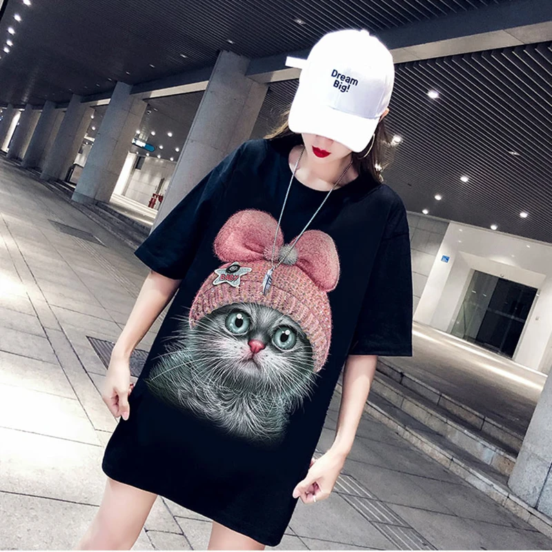 

2019 Spring Loose Cartoon Cat Print T-Shirts Women Half Sleeve O-Neck Medium Long Tshirt Black White Tees Fashion Streetwear