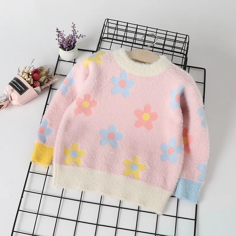 Вязаная рубашка для девочек коллекция года, зимний Стильный пуловер из искусственного меха норки и кашемира в Корейском стиле с ромбовидным воротником
