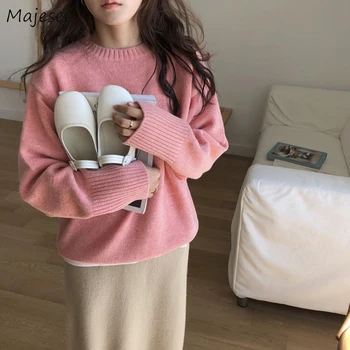 

Pullovers Women Candy Color Sweet Simple Student All-match Casual Knitted Solid O-Neck Womens Chic Korean Style