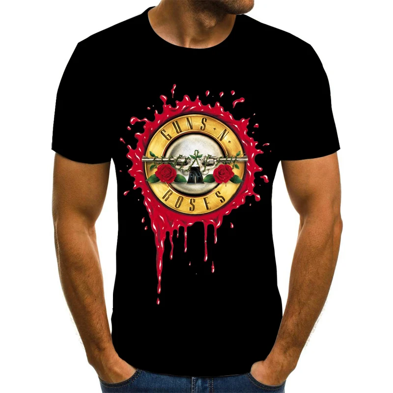 

Новинка, модная футболка в стиле панк, футболка с принтом Guns N Roses, Мужская черная футболка, топы из тяжелого металла, платье с 3D-принтом оружия и розы, футболки в стиле хип-хоп