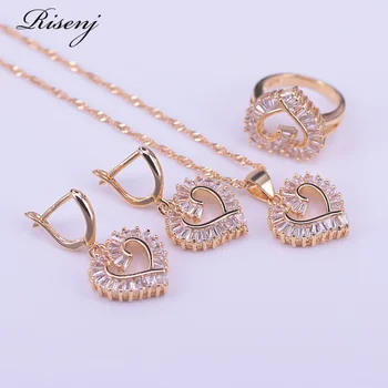 Risenj Heart Square Top Zircon 18k Gold Costume Jewelry Set For Women Earrings Necklace Ring Set Bridal Jewelry