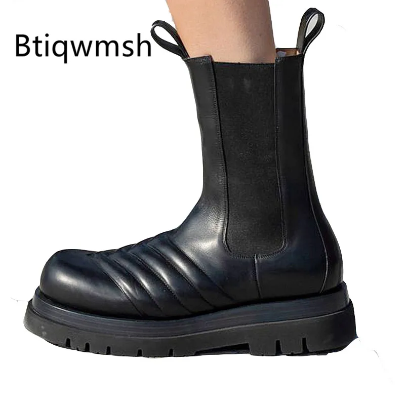 

2019 Chic Design Ankle Boots Women Round Toe Screw Decor Black Cow Leather High heel Boots Ladies Fashion Chelsea Boots
