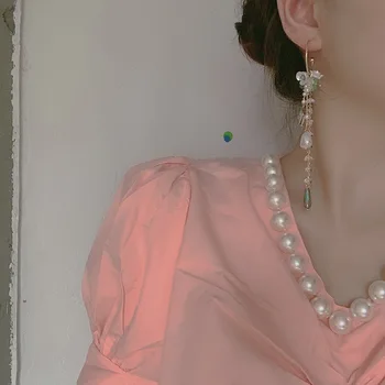 

TF-189 New Korean Holiday Crystal Earrings Super Fairy Baroque Shell Pearl Flower Drop Earrings Long Tassel Women Party Jewelry
