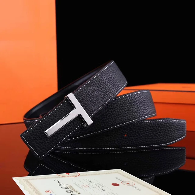 Men's Luxury Belt High Quality Famous Brand Waistband T Buckle 40mm Faux Leather Strap Male for Office 365 Business Casual Jeans black silver