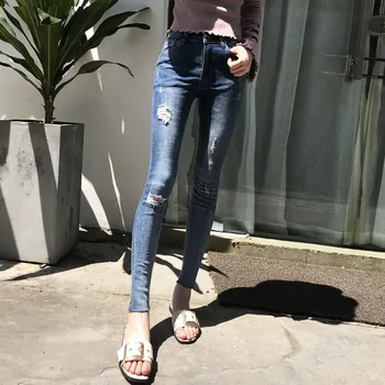 

Cut Womens Jeans Denim New Style Skinny High Waist Pencil Pants Tight Ankle- Length Trousers