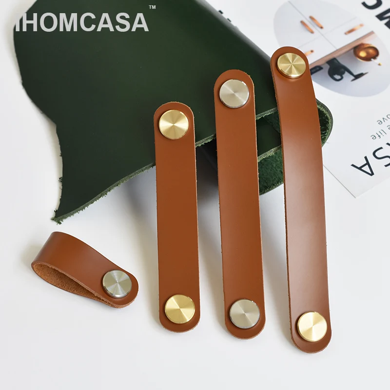 ยุโรปสไตล์เฟอร์นิเจอร์ Handles ตู้เสื้อผ้าตู้เสื้อผ้า Dresser ประตู Knob หนังทองเหลืองลิ้นชักดึง Vintage IHOMCASA 1