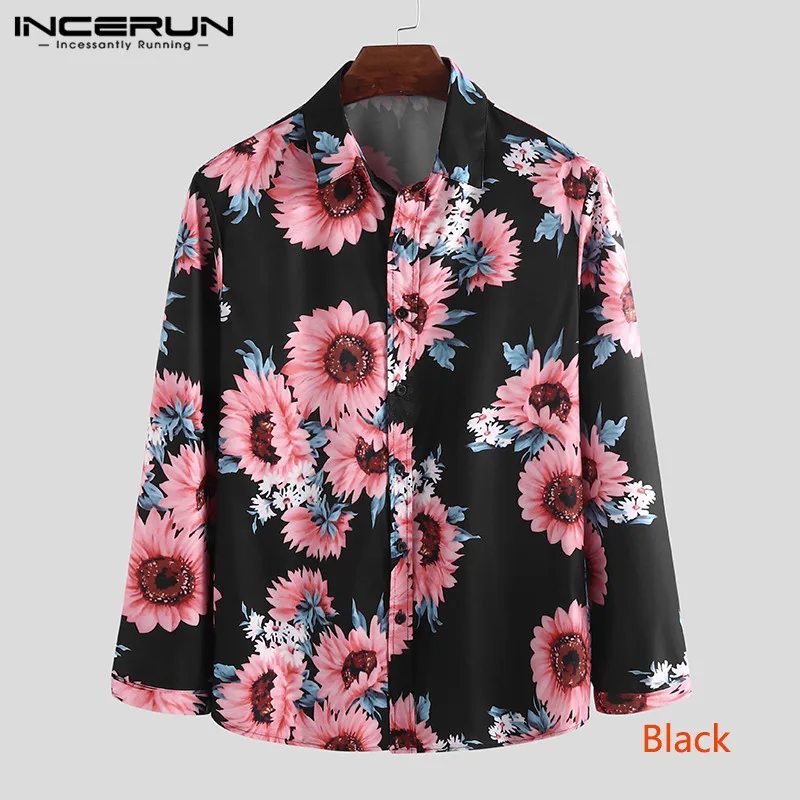 Black Shirt INCERUN модная мужская рубашка с цветочным принтом, брендовая Повседневная блуза с длинным рукавом и отложным воротником, тонкая уличная гавайская рубашка - Цвет: Black Shirt