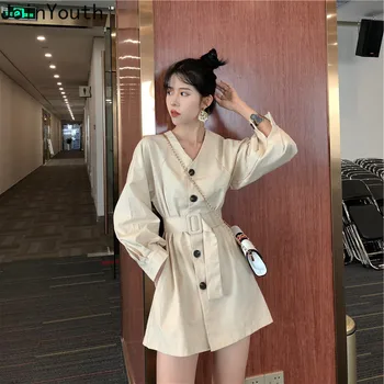 

Joinyouth Dresses Korean Sexy Full Solid Women Clothing A Line V Neck Sashes Mini Spring Empire Female 2020 New Fashion 561