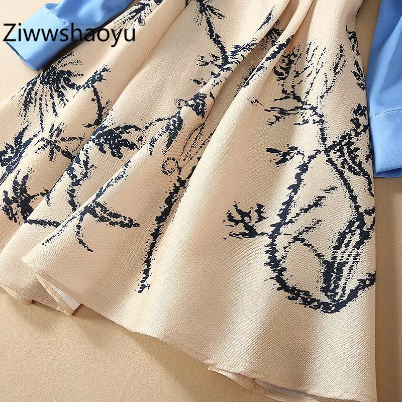 Ziwwshaoyu Весна Лето Высокое качество комплект из двух предметов с длинным рукавом синяя блузка+ лен печати Танк Мини платье Twinset женская