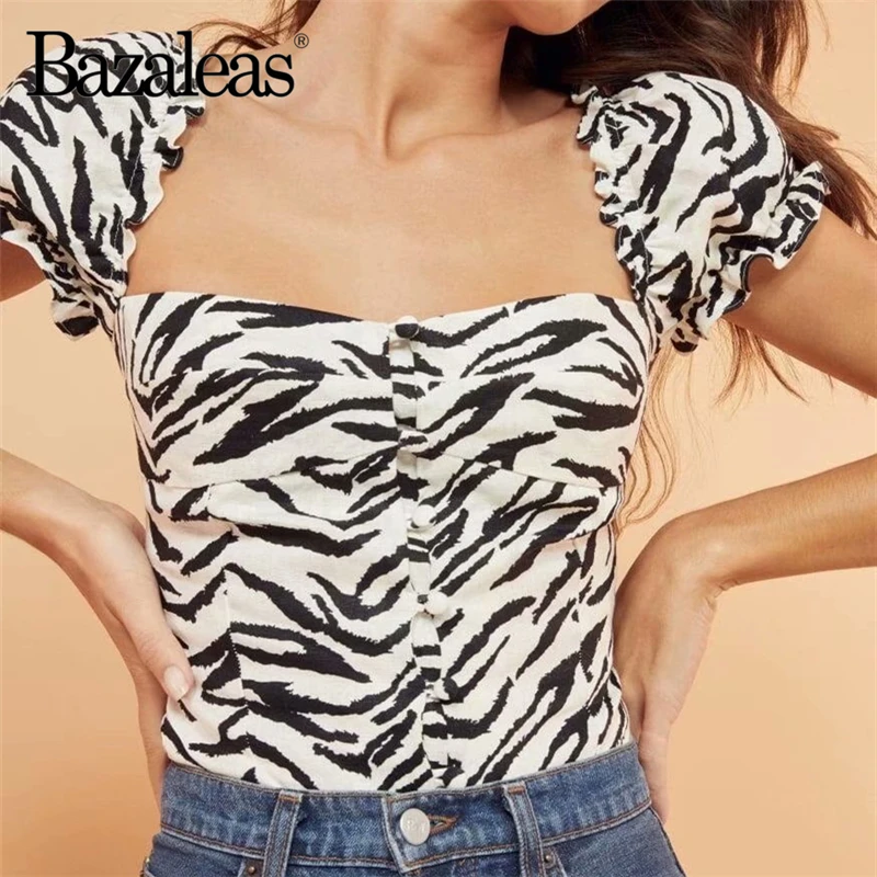 Bazaleas шик Зебра печати blusa feminina Кружева Короткие рукава-фонарики дворца blusas кнопки в старинном стиле обрезанная блузка женская Повседневная