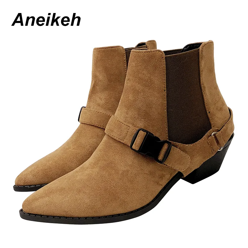 Aneikeh/Модная обувь в римском стиле ретро; женские сапоги-казаки; обувь для верховой езды на низком толстом квадратном каблуке; рыцарские ботильоны в жокейском стиле