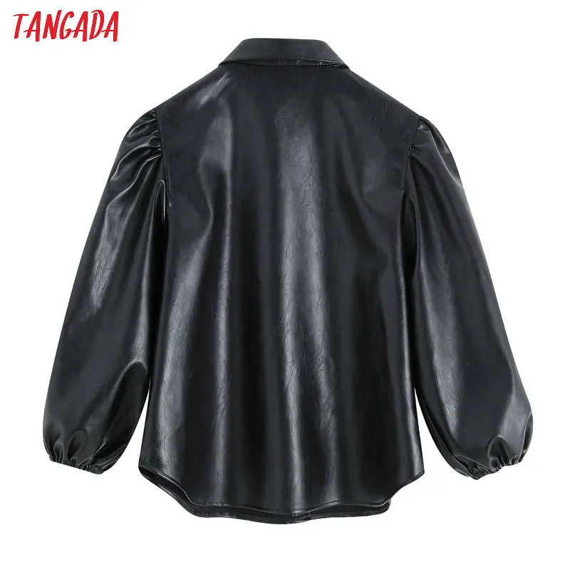  Tangada women faux leather black shirts 2019 new arrival Lantern sleeve vintage female oversize blo