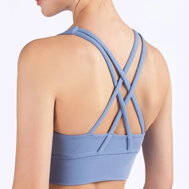 Lulu Hot Sell Gym Yoga Vest Athletic Fitness Women Sports Bra Solid Color Cross Sexy Tights Tank Top Butter Soft With Chest Pad Gray blue