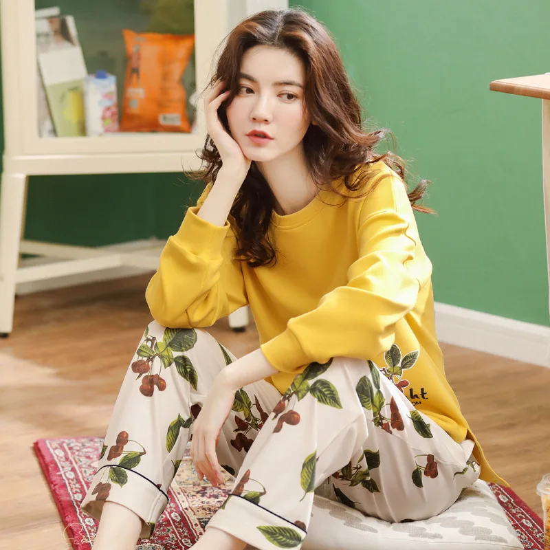 Hot Selling Autumn And Winter New Style Pajamas Women's Knitted Pure Cotton Long-sleeved Pullover Trousers Tracksuit Casual