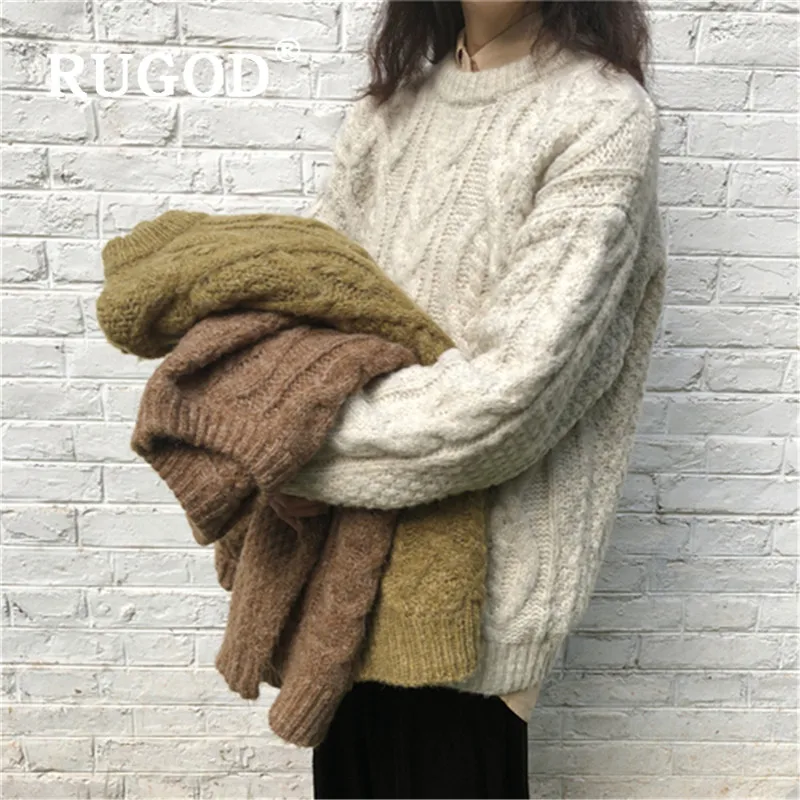 RUGOD женский однотонный вязаный свитер с круглым вырезом и Длинными Рукавами свободный простой свитер шикарный ленивый уютный осенне-зимняя уличная мода пальто