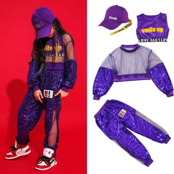 

Dance Practice Performance Clothing Stage Dancing Outfit Jazz Dance Costumes Purple Girls Hip Hop Dance Street Dance Clothes