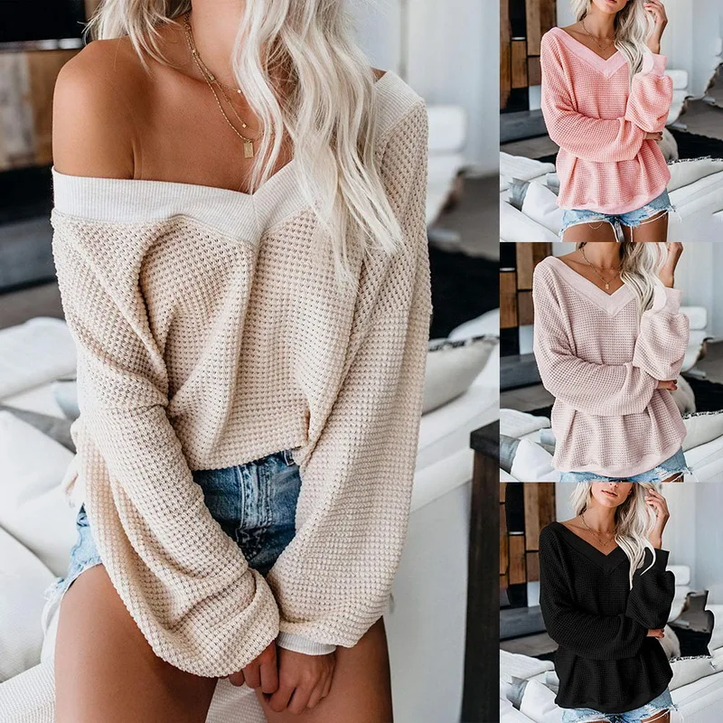 

2019 Women Sweater V Neck Casual Winter Clothing Sweaters Solid Color Female Long Sleeve Off Shoulder Pullover