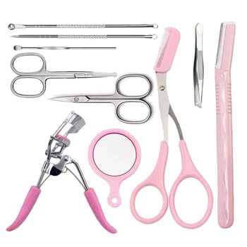 

10Pcs Eyebrow Grooming Kit Portable Curling Shaving Scissor Set Shapers Tweezer Eyebrow Grooming Kit