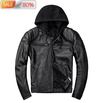 

Genuine Jacket Men Hooded Spring Autumn Motorcycle Real Cow Leather Coat Plus Size Cowhide Jackets B22907