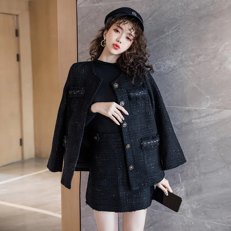 Black Tweed Blazer Skirt Two Piece Sets Autumn Winter New Ladies Tweed Jacket+ Skirt Coat Women Suits Clothes Wholesale