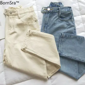 

BornSra Straight Jeans Women Solid Vintage Jeans Sashes Casual High Waist Jeans Plus Size Mom Boyfriends Jeans Denim Pants White