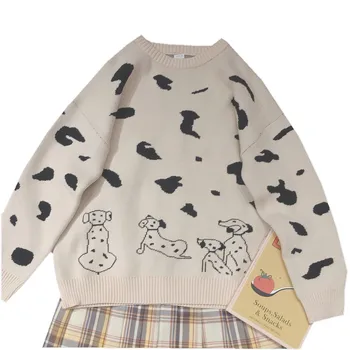 

Mori Girl Retro Autumn Winter Knitted Sweater Lolita Kawaii Spotted Dog Graphic Knitwear Korean Loose Harajuku Pullover Coat