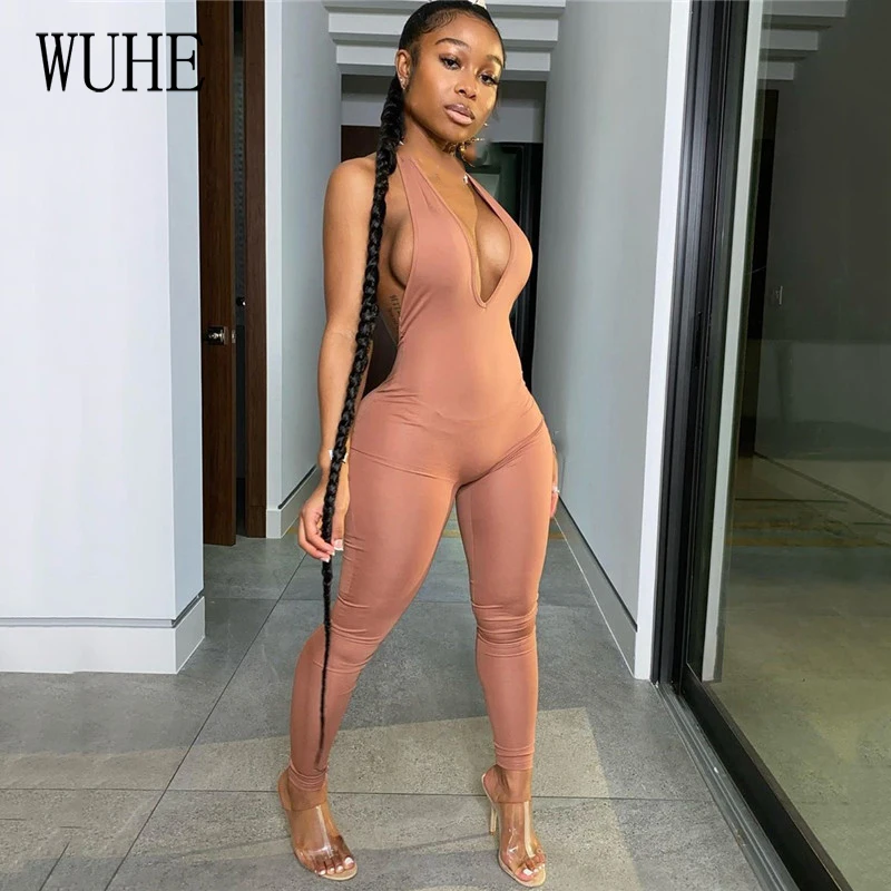 

WUHE Women Sexy Deep V-neck Bodycon Sleeveless Summer Jumpsuit Halter Neck Open Back Romper One Piece Club Night Party Overalls