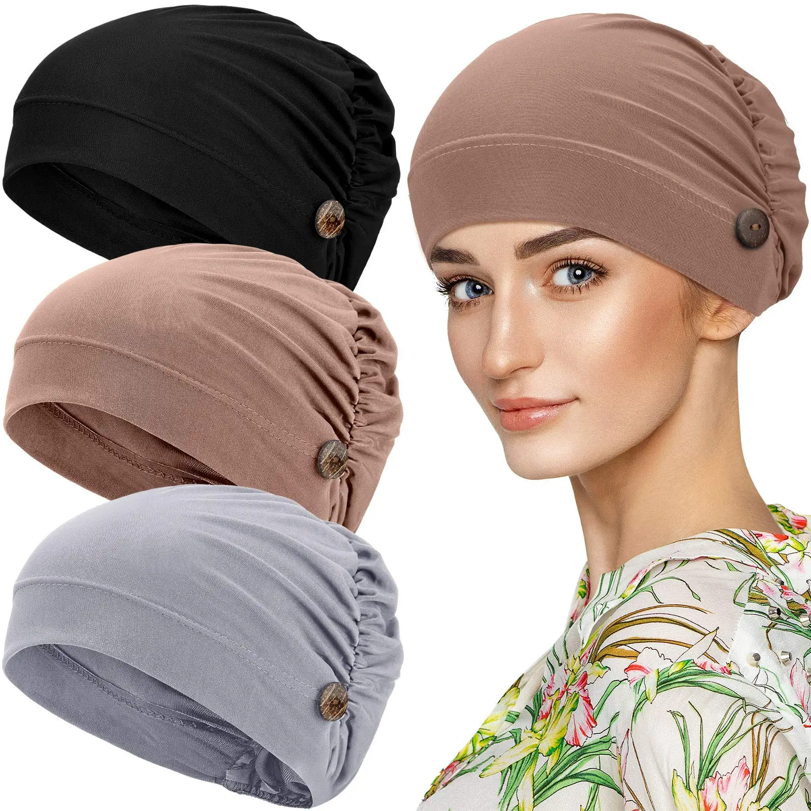 

Ramadan Muslim Fashion Bouffant Hijab Caps With Buttons Unisex Stretchy Headband Turban Bonnet For Women Ready To Wear