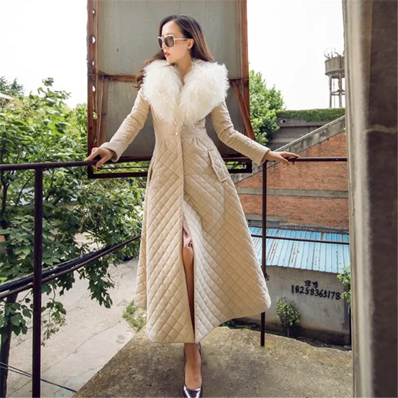 X-long parkas Женская куртка модный большой меховой воротник а линия тонкое теплое пальто женская зимняя Макси хлопковая парка для женщин DS50951