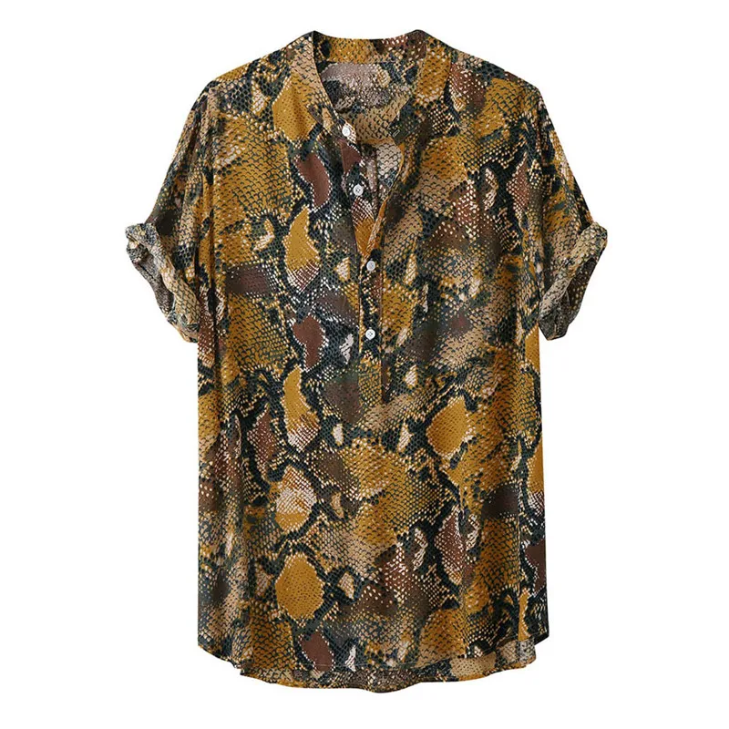 

Autumn Men Blouse Fashion Personality Yellow Green Snake Skin Print Shirts Men Slim Short Sleeve Shirts Tops Casual Men Blouse