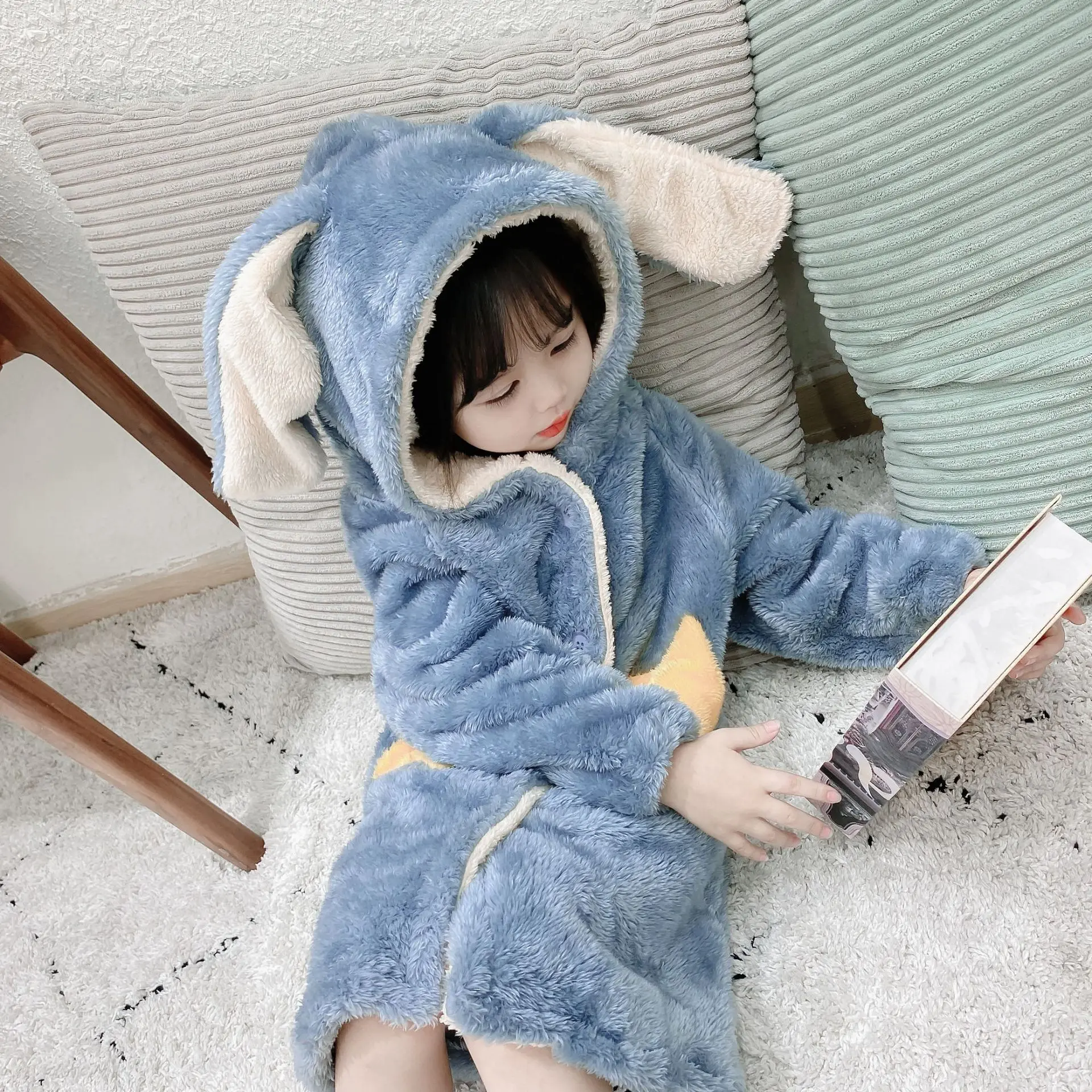 Boys Girls Children Winter Pajamas Hooded Cartoon Bathrobe Princess Flannel Robe Set Kids Sleepwear Coral Velvet Home Clothes