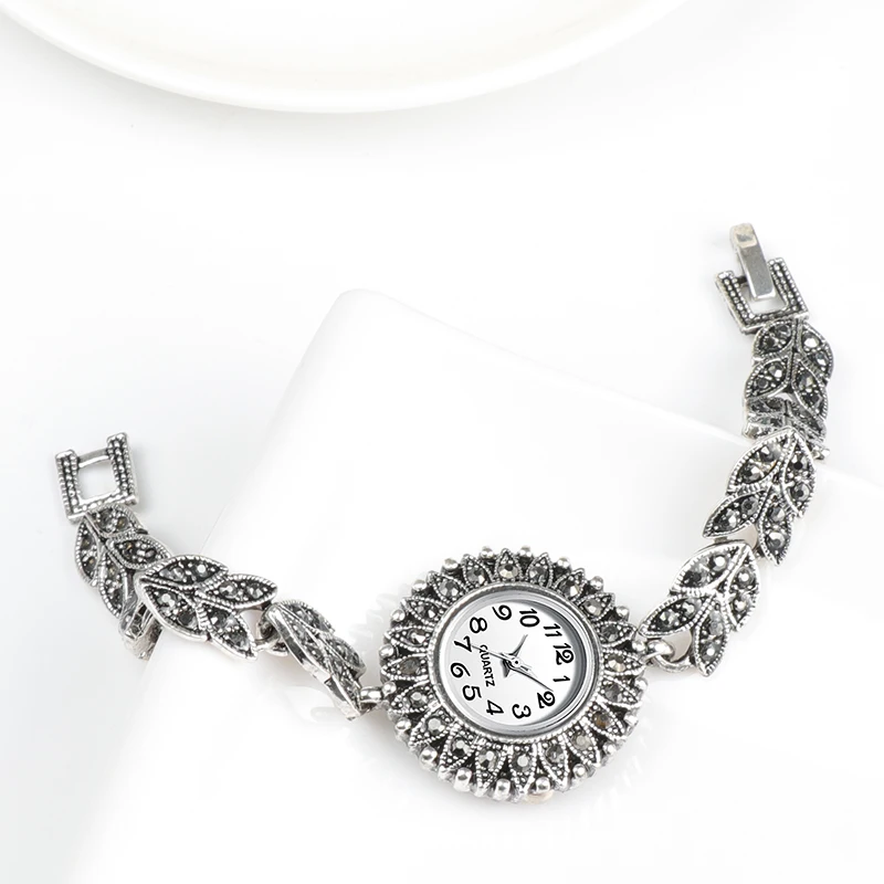 Kinel новые модные женские часы античное серебро роскошный яркий черный кристалл браслет наручные часы Винтажные Ювелирные Изделия
