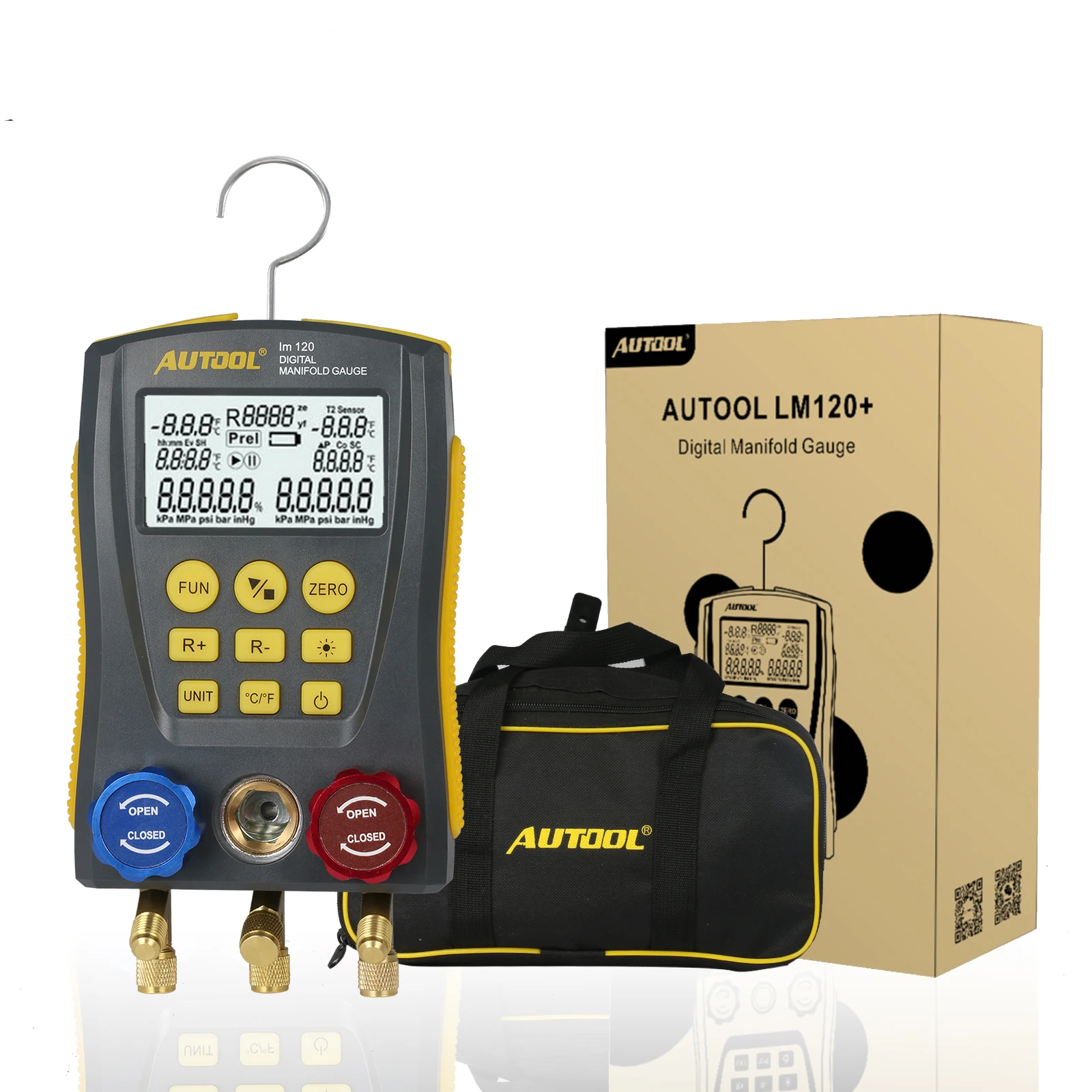 

AUTOOL lm120+ Refrigeration Digital Manifold Gauge Meter HVAC Vacuum Pressure Temperature Tester Kit with Test Clip and Pipe