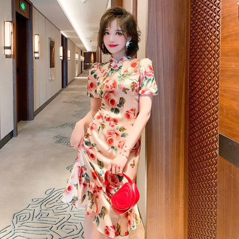 

New Print Stand Collar Cheongsam Sweet Pink Bead Button Slim Qipao Dress Summer Orientale Women Evening Party Retro Vestidos